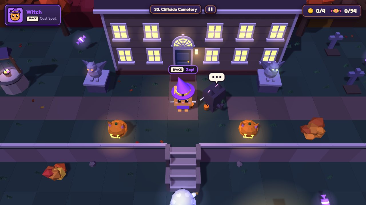 A witch cat in front of a mansion flanked by gargoyles, with stone stairs down a cliff