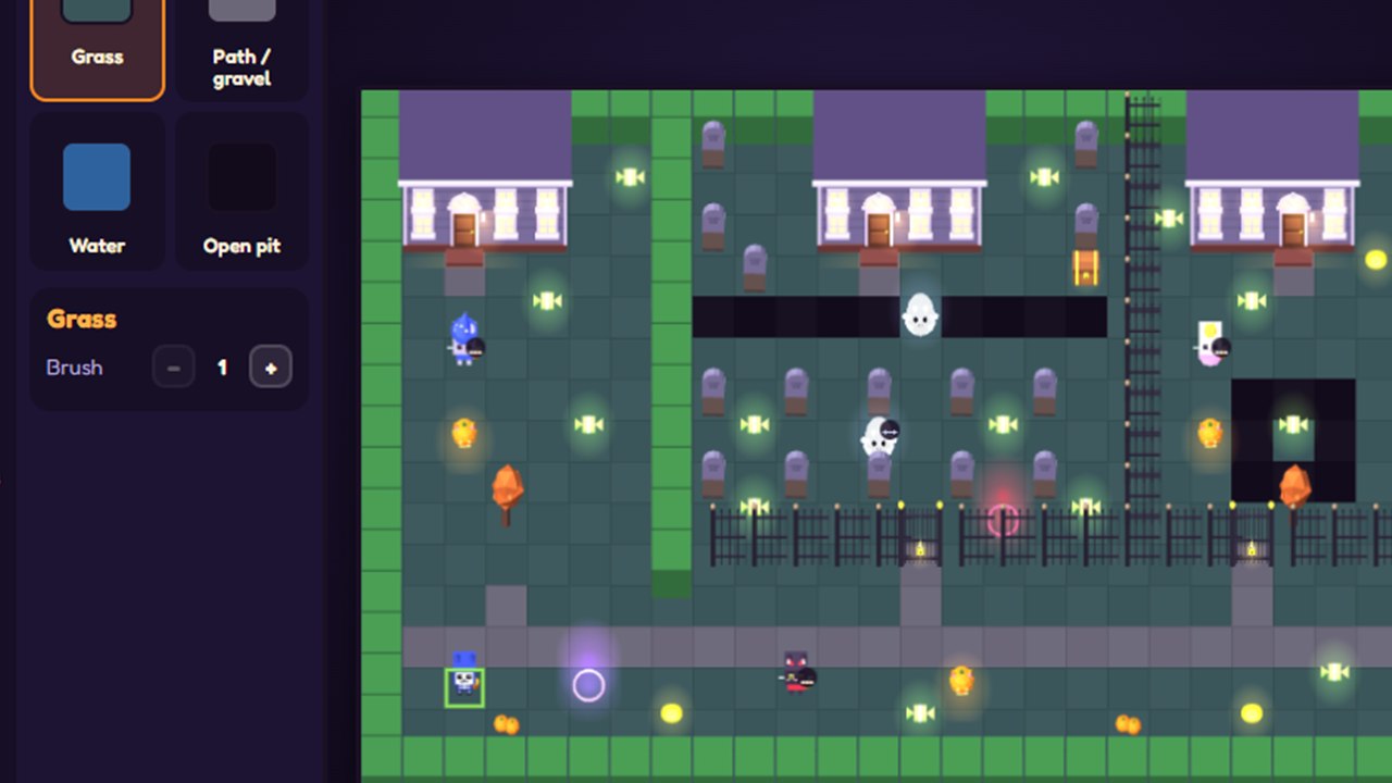 The Level Editor with the Graveyard Shift level open: a map of houses, tombstones, ghosts and candy beside the tool palette
