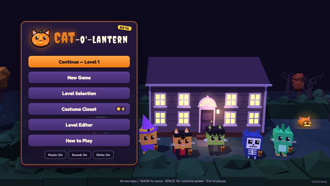Cat-o'-Lantern's main menu: five cats in witch, vampire, Frankenstein, skeleton and fish costumes in front of a glowing house at night